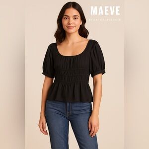Maeve by Anthropologie Black Textured Puff Sleeve Peplum Top (Size L)